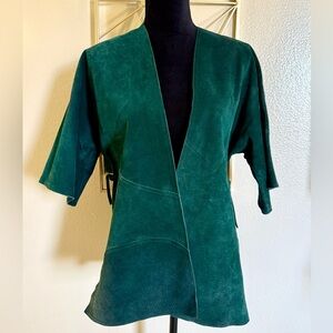 Marion Kops Emerald Green Suede Kimono Jacket | Vintage 80s Boho Wrap Top M